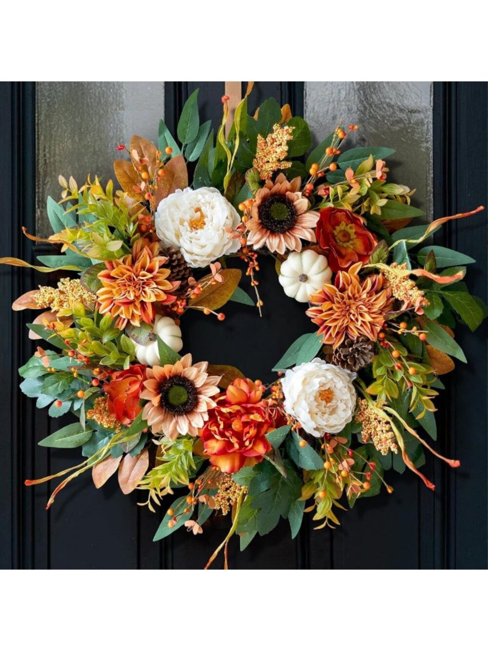 24-Inch Fall Wreath with Sunflowers & Peonies for Front Door Decor